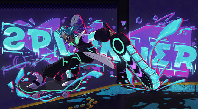 An original character based off of the Splatoon series. He holds his stamp-sword behind him as he catches air on his skateboard, with his name stamped onto the graffitied wall behind him.
