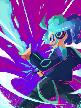 An original character based off of the Splatoon series. He activates a blade in front of him, with intense energy coursing out from it, flying past him.