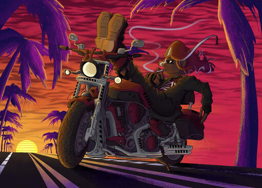 An original character based off of the Splatoon Series. She takes a smoke break while resting her feet on the handles of her motorcycle while staring into the sunset at the highway's horizon ahead of her