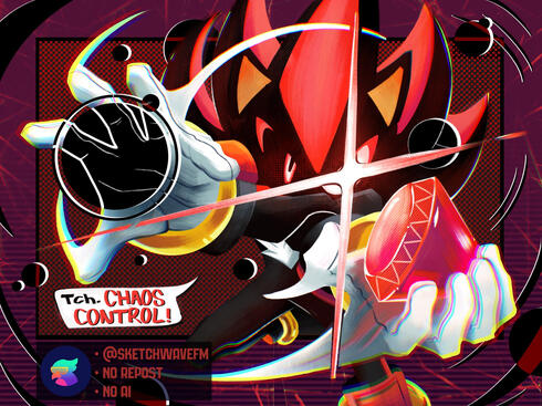 A redraw of a panel from a Sonic The Hedgehog comic book. The character orbits his arms in front of him while activating the power from the gem in one of his hands