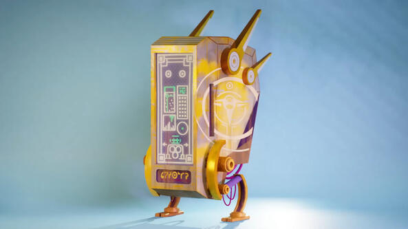 A model of a yellow Sci-Fi vending machine with legs, based off of a concept by artist Kenzee Wee