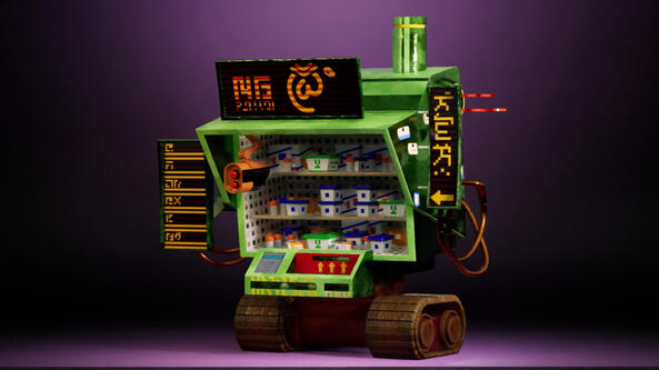 A model of a green Sci-Fi vending machine with tank treads, based off of a concept by artist Kenzee Wee