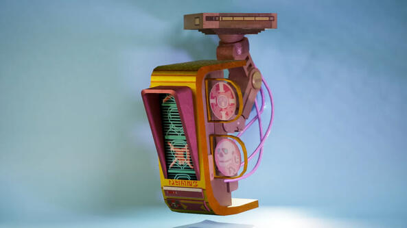 A model of a ceiling-mounted Sci-Fi vending machine, based off of a concept by artist Kenzee Wee