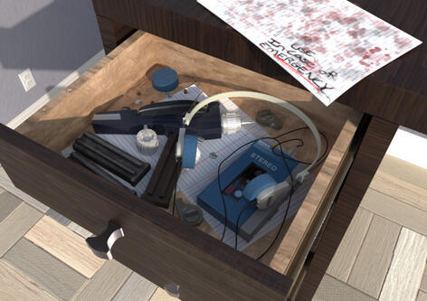 A scene of a desk in a room with an open drawer showing a Sony Walkman, headphones, and a phaser gun from Star Trek, among other scattered bits and pieces