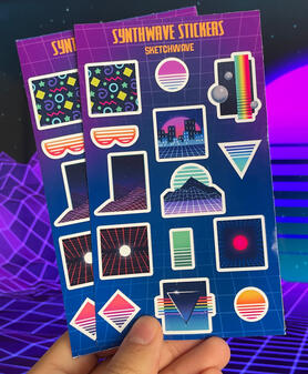 A sticker sheet of synthwave inspired designs