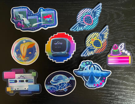 Sticker designs based off of items from the game Celeste