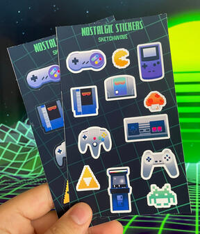 A sticker sheet with designs of video game hardware from the 80's and 90's