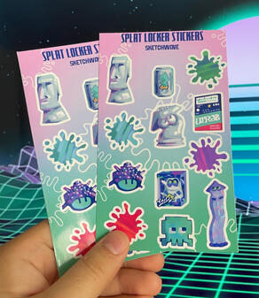 A sticker sheet with designs of decorations from the game Splatoon