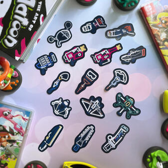 Sticker designs based off of weapons from the game Splatoon